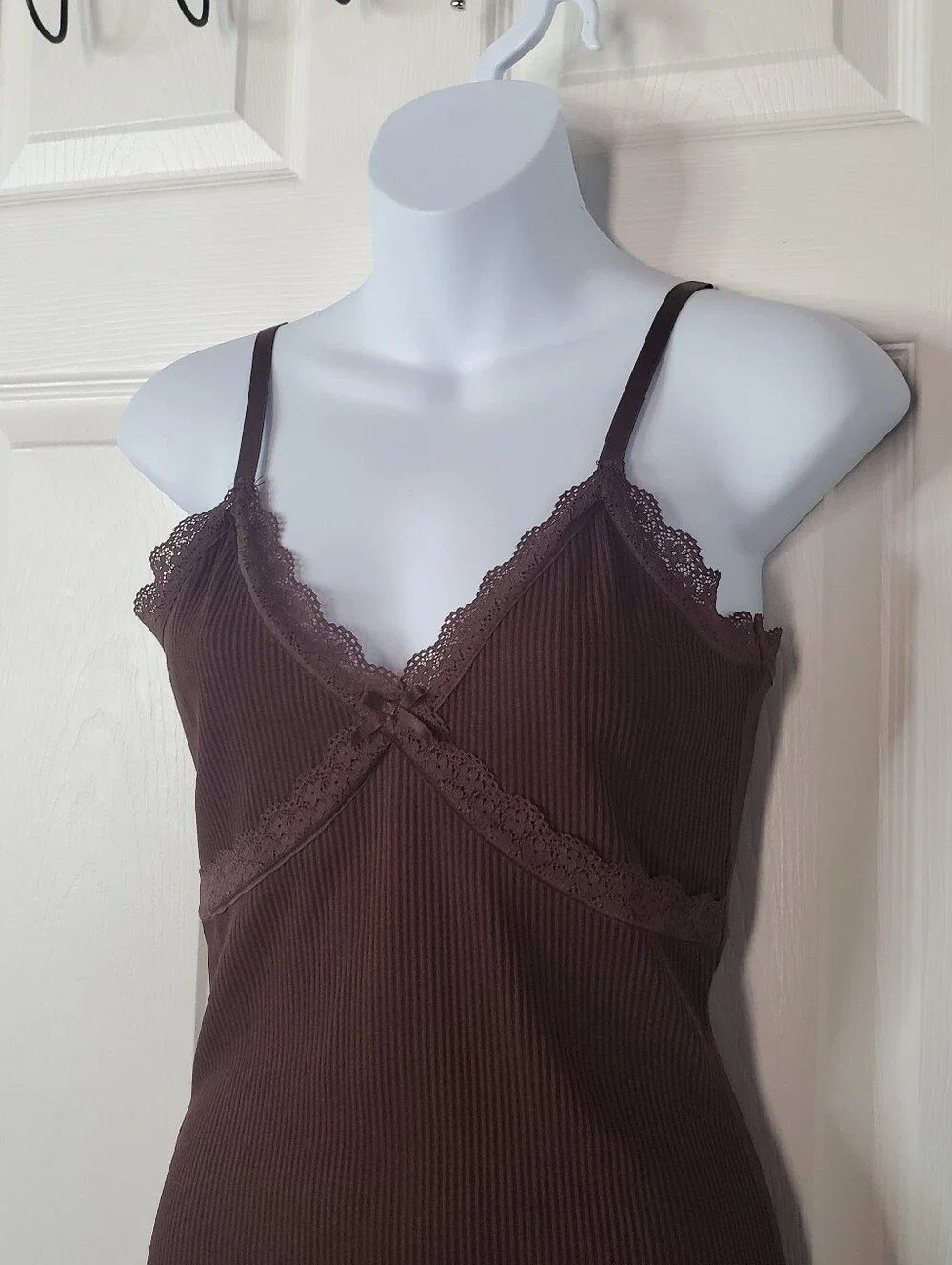 Divided Y2K Brown Ribbed Lace-Trim Slip Mini Dress Babydoll Festival Grunge Smal
